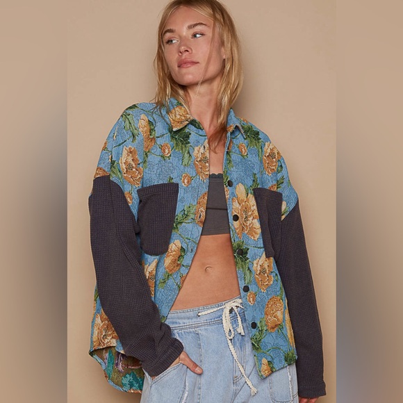 447. POL LAST 1! Shacket Shirt tapestry Oversized Blue Jacquard Floral tapestry - Picture 5 of 5